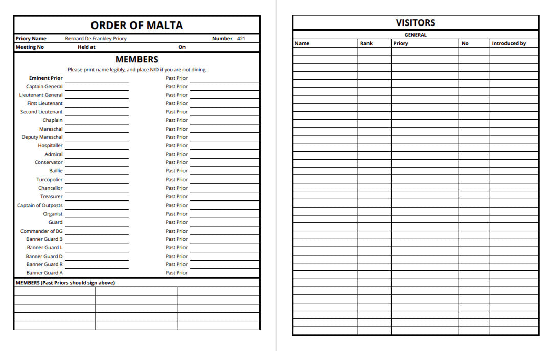 MASONIC ATTENDANCE BOOK - KNIGHTS TEMPLAR & KNIGHTS OF MALTA (Split book)