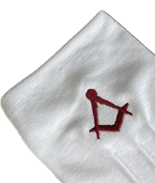 WHITE MASONIC COTTON GLOVES c/w MAROON SQUARE & COMPASSES