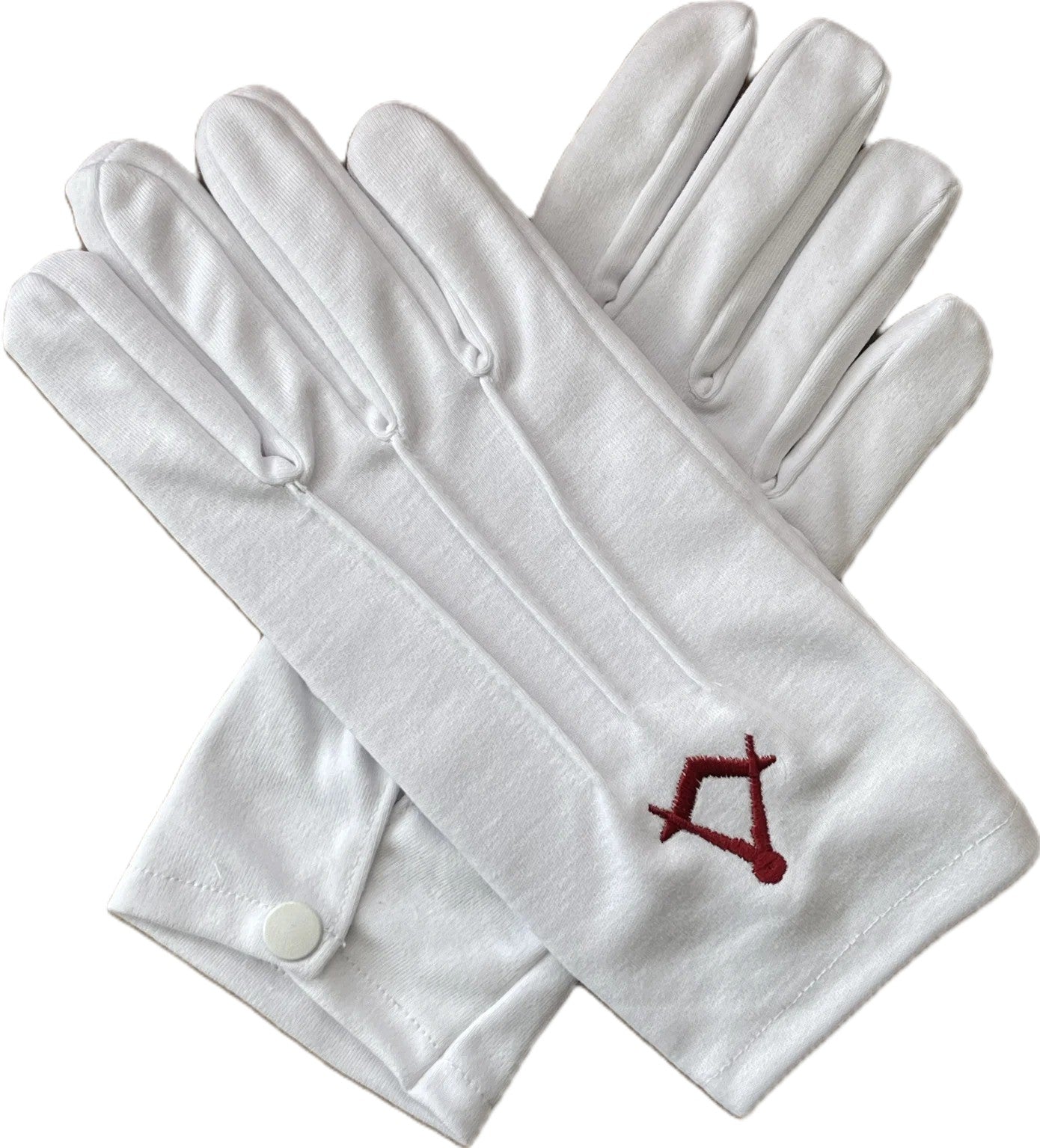 WHITE MASONIC COTTON GLOVES c/w MAROON SQUARE & COMPASSES