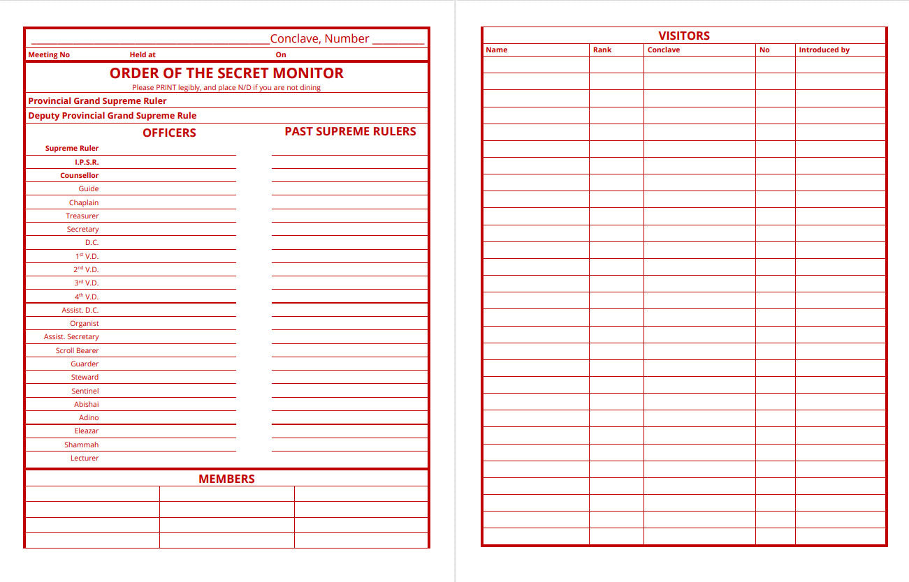 MASONIC ATTENDANCE BOOK - ORDER OF THE SECRET MONITOR (OSM)