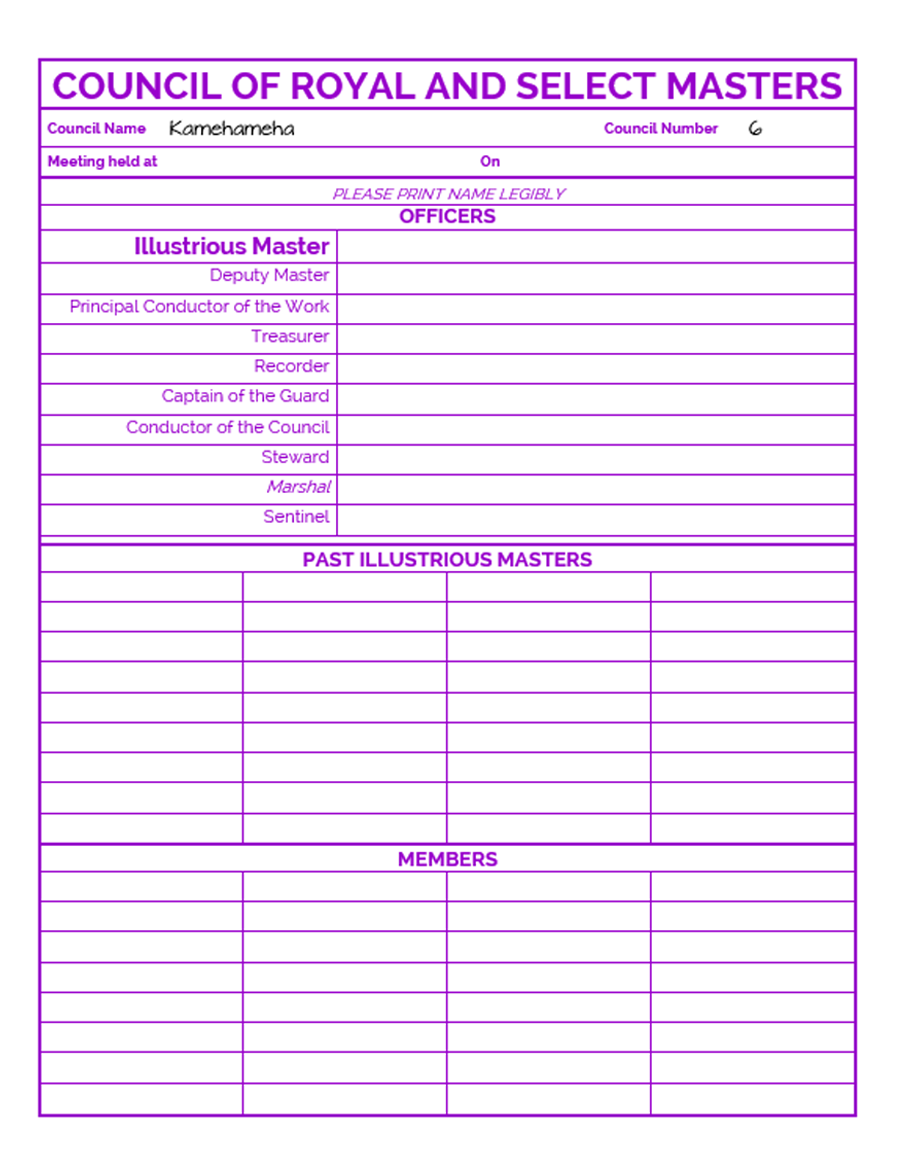 COUNCIL OF ROYAL & SELECT MASTERS (US) - YORK RITE - ATTENDANCE REGISTER