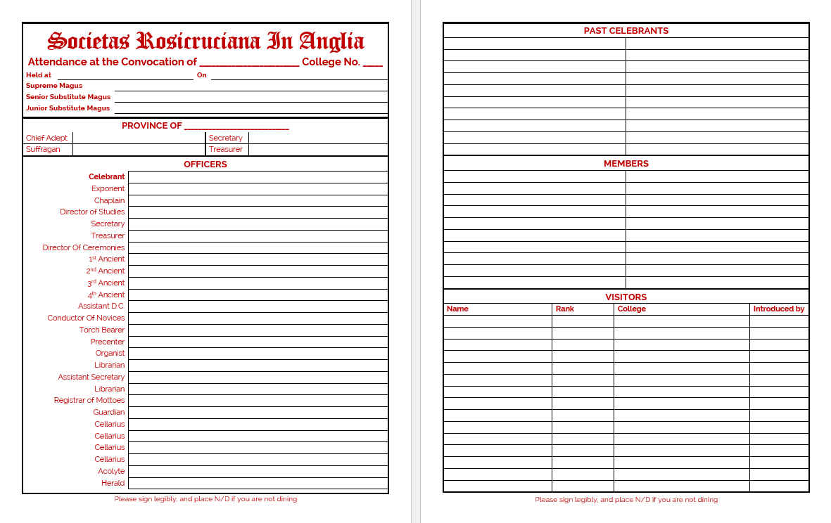 MASONIC ATTENDANCE BOOK - SRIA SOCIETAS ROSICRUCIANA IN ANGLIA