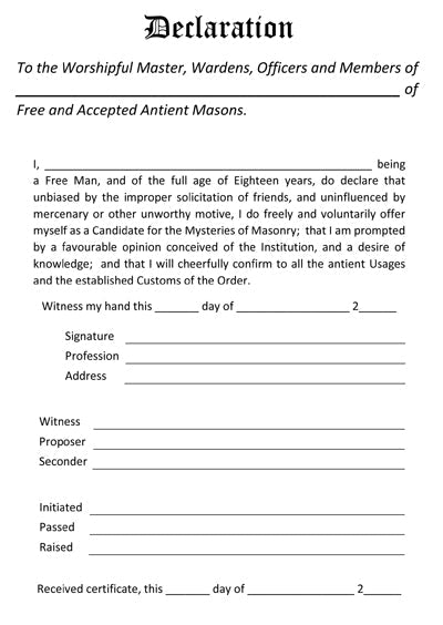 MASONIC DECLARATION BOOK - CRAFT