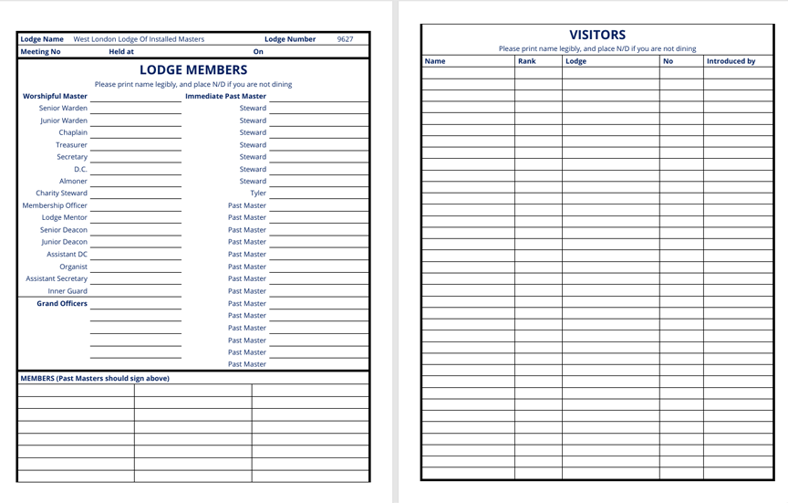 Masonic Attendance Register - Craft (Metropolitan)