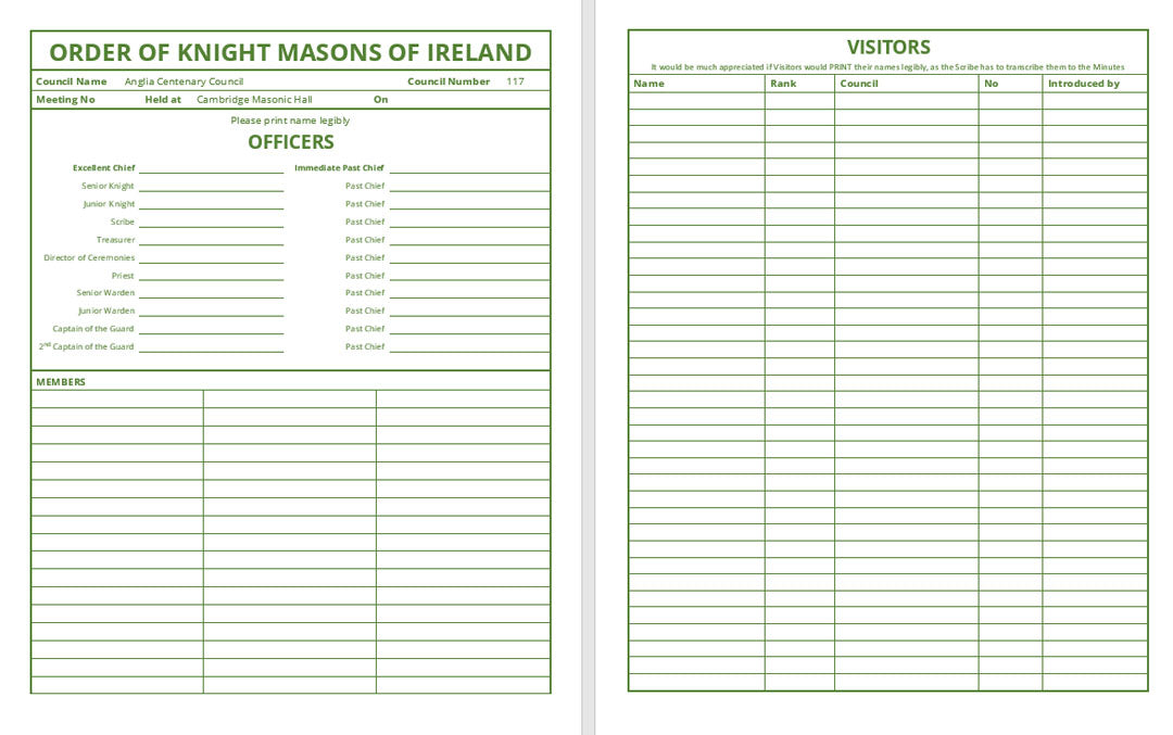 MASONIC ATTENDANCE BOOK - ORDER OF KNIGHT MASONS OF IRELAND