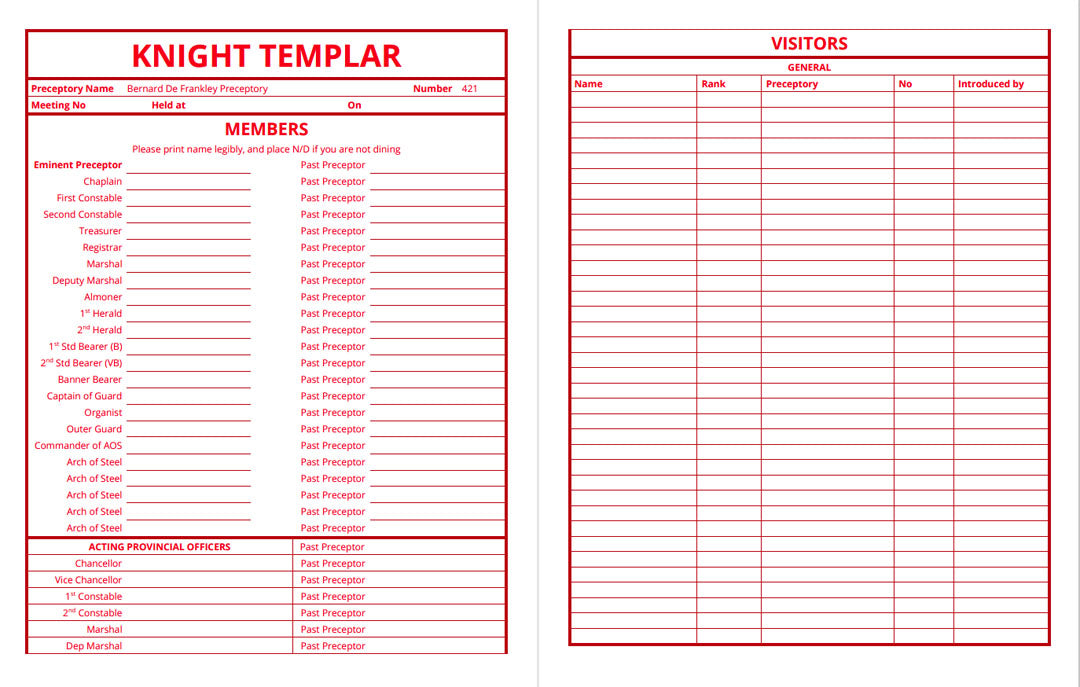 MASONIC ATTENDANCE BOOK - KNIGHTS TEMPLAR & KNIGHTS OF MALTA (Split book)