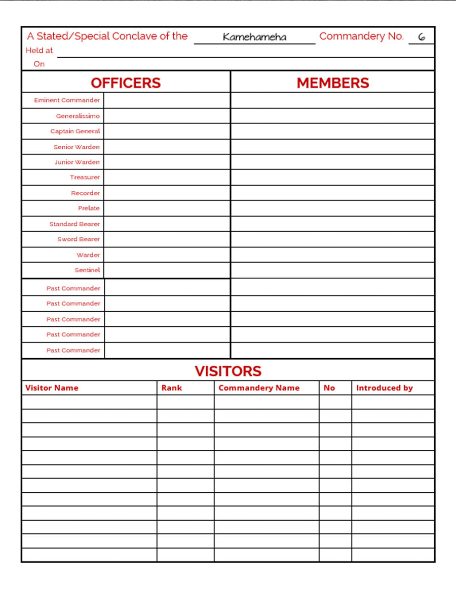 KNIGHTS TEMPLAR COMMANDERY (US) - YORK RITE - ATTENDANCE REGISTER