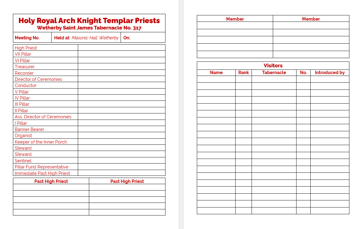 MASONIC ATTENDANCE BOOK - ORDER OF HOLY ROYAL ARCH KNIGHT TEMPLAR PRIESTS