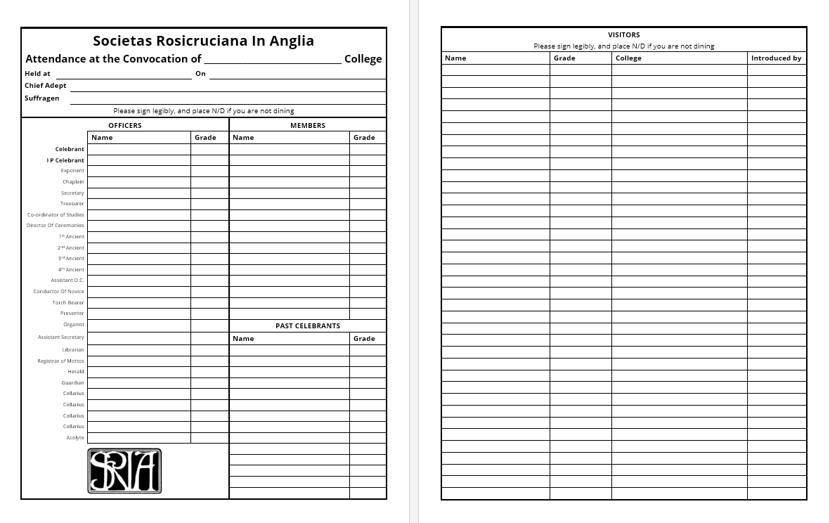 MASONIC ATTENDANCE BOOK - SRIA SOCIETAS ROSICRUCIANA IN ANGLIA